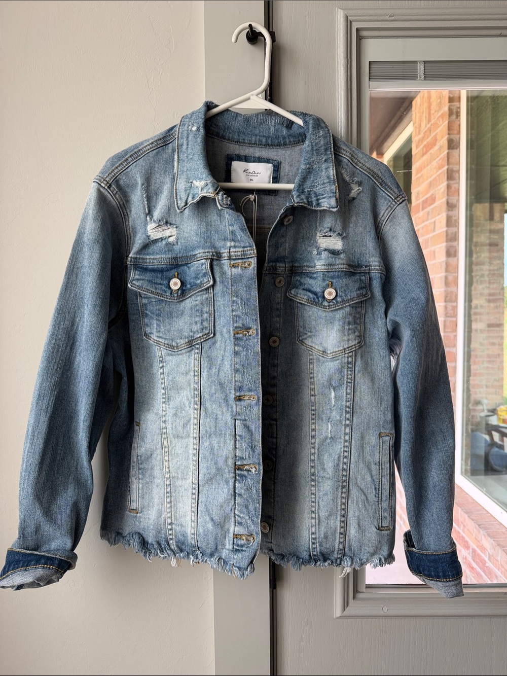 KanCan Washed Light Blue Distressed Denim Trucker Jacket